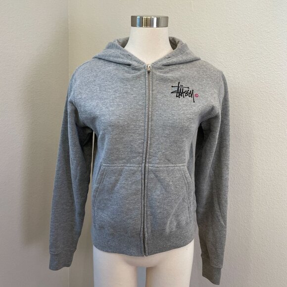 Stussy Womens Small Gray Zip Up Hoodie Sweatshirt Fleece Lined Jacket - Picture 8 of 11